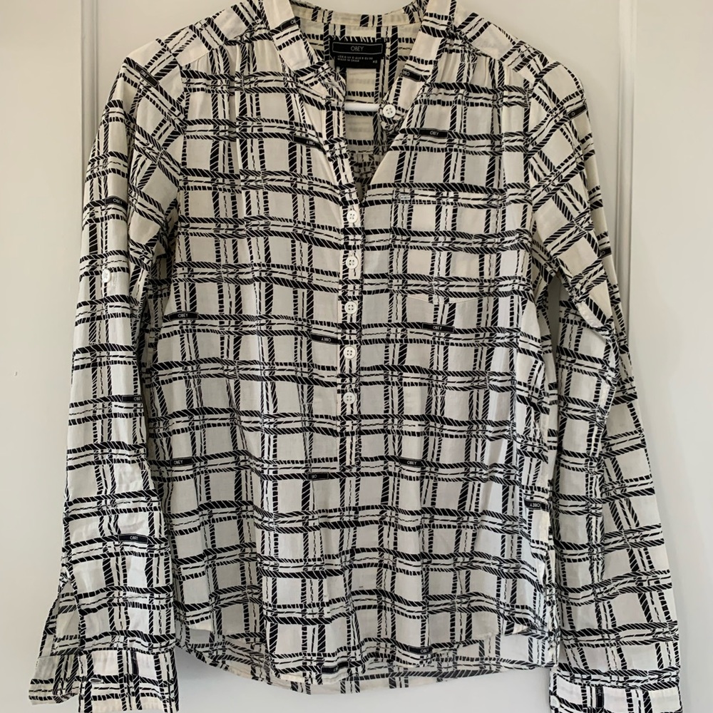 Obey black and white print button down shirt